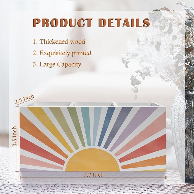 Boho Colorful Sunshine Pen Pencil Holder, Boho Desk Office Decor, Retro Rainbow Sun Sunrise Sunset Pencil Pen Holder Organizer for Home Office Desk Accessories