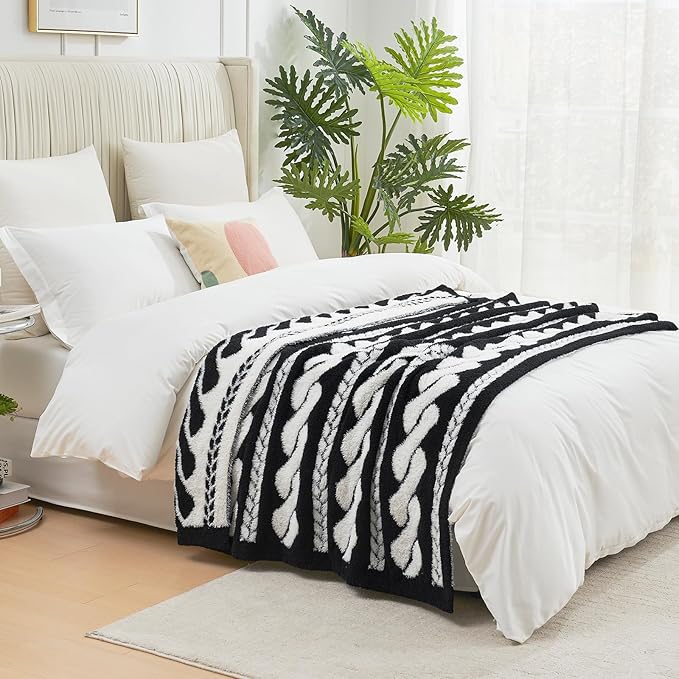 Amélie Home Knit Throw Blanket for Couch, Super Soft Fuzzy Cozy Throw, Giftable Knitted Blanket for Women Men, Birthday, Sofa Bed Living Room Decor, 50" x 60", Cable Black & White