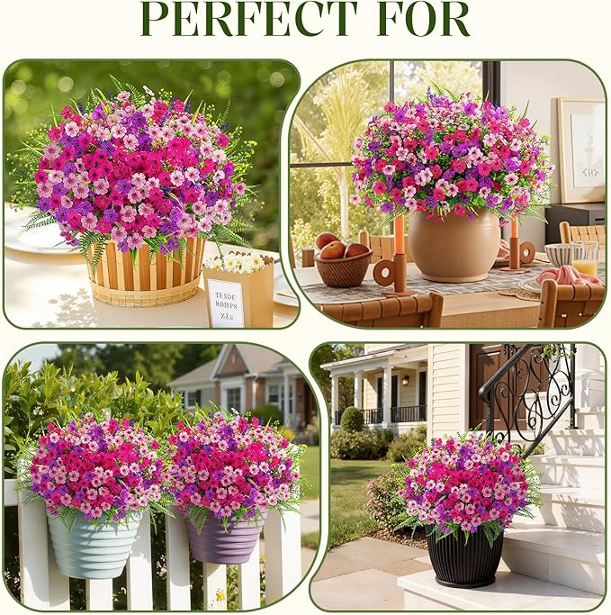 Alupssuc 24 Bundles Artificial Flowers for Outdoors Spring Decoration, UV Resistant Eucalyptus Violet and Lavender Silk Fake Plants for Outside Indoor Yard Home Patio Decor, Rose Purple Pink