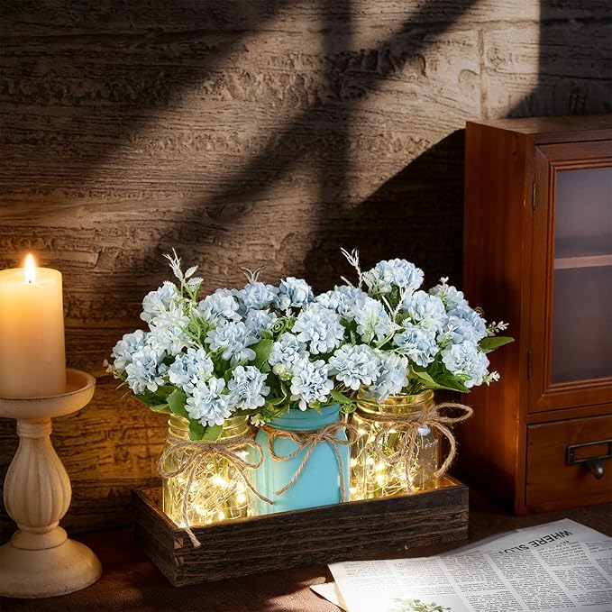 LUEUR Mason Jar Lights Centerpiece with Farmhouse Wood Tray – 3 Jars with Blue Hydrangea Spring Flowers, Rustic Spring & Wedding Decoration for Dining Table, Coffee Table, Kitchen & Living Room
