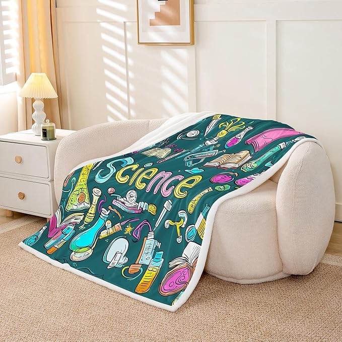 Laboratory Sherpa Blanket Chemistry Lab Fleece Blanket For Kids Teen Boys Young Man Test Tube Microscope Graffiti Blanket Throw Hippie Doodle Science Theme Fuzzy Blanket Throw 50"x60" Blue Green