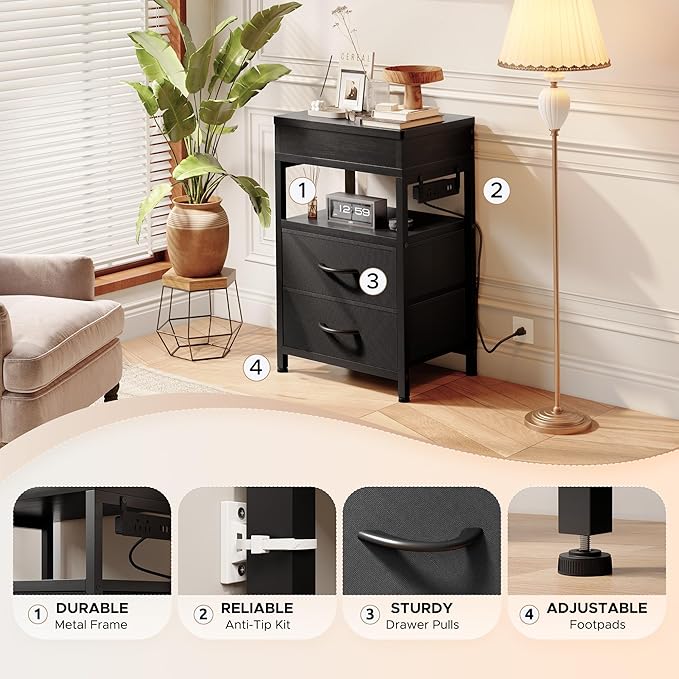Nightstand Hidden Drawer Charging Table - Night Stand with Charger Station and Sliding Top Storage, Morden Bedside Table with 2 Fabric Drawers, for Dorm Living Room Bedroom, Black