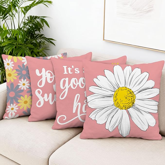 Hexagram Spring Summer Pillow Covers 18x18 Set of 4, Outdoor Floral Daisy Decorative Pink Throw Pillow Covers, You are My Sunshine Farmhouse Cushion Case for Couch Sofa Indoor Home Decor(No Insert)
