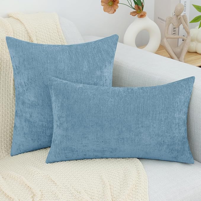 decorUhome Chenille Grey Blue Throw Pillow Covers 20x20 Inch Set of 2, Decorative Soft Couch Pillow Covers Solid Dyed Accent Farmhouse Neutral Square Pillow Cases for Sofa