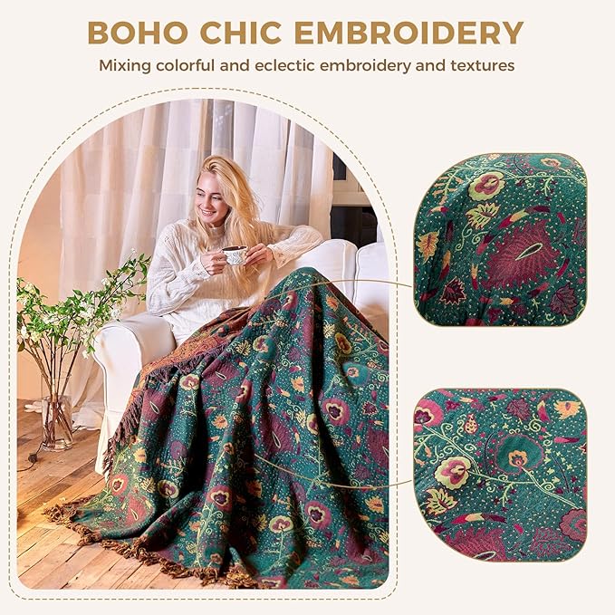 Boho Throw Blanket for Bed 100% Cotton Soft Lightweight Quilt Home Decor Breathable Spring Bed Blanket,Floral Embroidery Reversible All Season Blankets for Sofa Couch Chair 90"x98"
