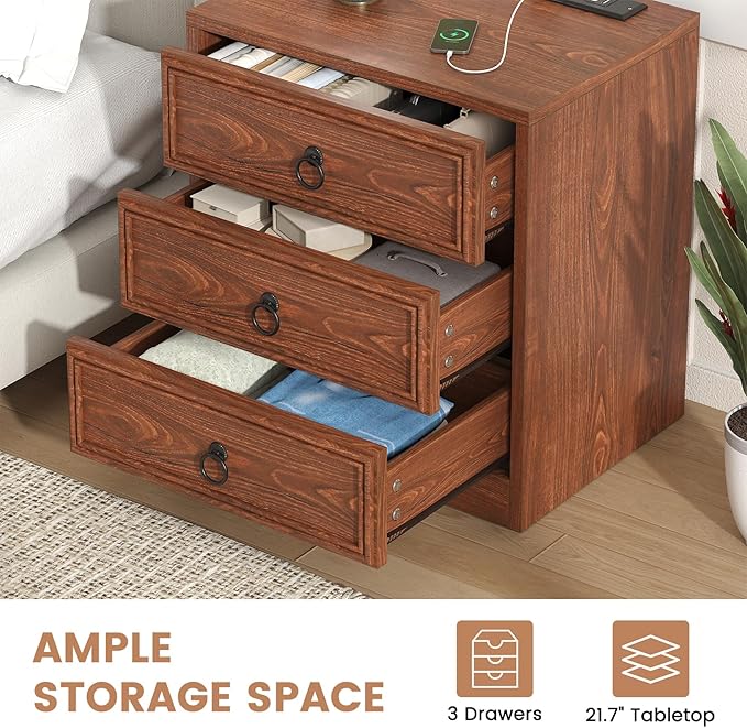 Farmhouse Nightstand with Charging Station, 21.7" Wide End Table with 3 Drawers, Cherry Wood Side Table, Bedside Table for Bedroom, Living Room, Sofa