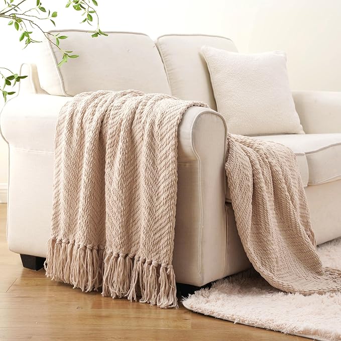 BATTILO HOME Beige Throw Blanket for Couch, Knitted Beige Throw for Bed, Neutral Throw Blankets Tan Throw Blanket for Room Decor Housewarming Gifts, 50" x 60"