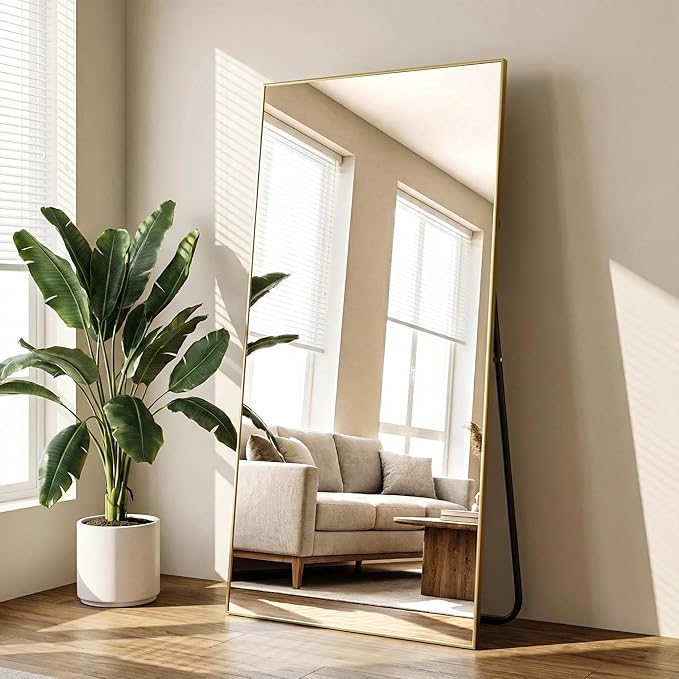 76" x 34" Large Full Length Mirror with Stand, Standing/Leaning/Wall Mounted Full Body Floor Mirror for Bedroom, Living Room, Entryway, Cloakroom with Aluminum Alloy Frame Gold