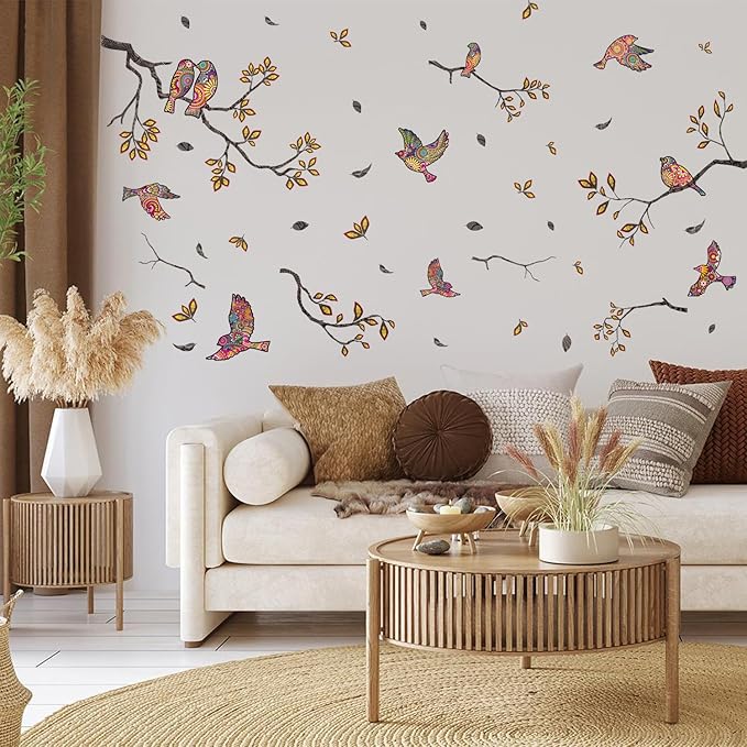 HLNIUC Chinoiserie Birds on Branches Window Clings 35”x12”Tree Branch and Bird Wall Decals in Colorful Flower Pattern Spring Summer Hummingbird Room Sticker DIY Floral Bird Wall Stickers for Bedroom