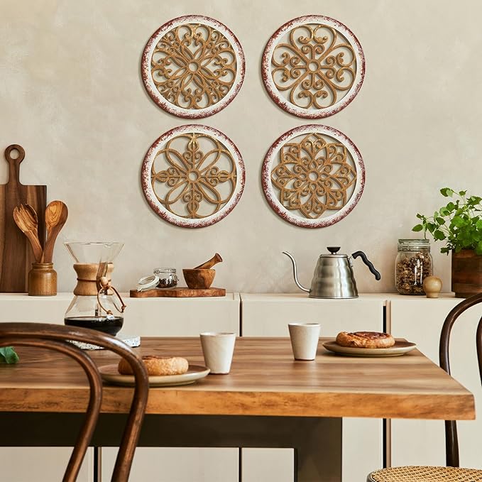 Yulejo 4 Pcs Thicken Rustic Wall Decor Farmhouse Kitchen Wall Round Art Wooden Hollow Carved Design Rustic Art for Living Room Bedroom Hallway Decor (9.8 x 9.8 Inch,Light Brown)