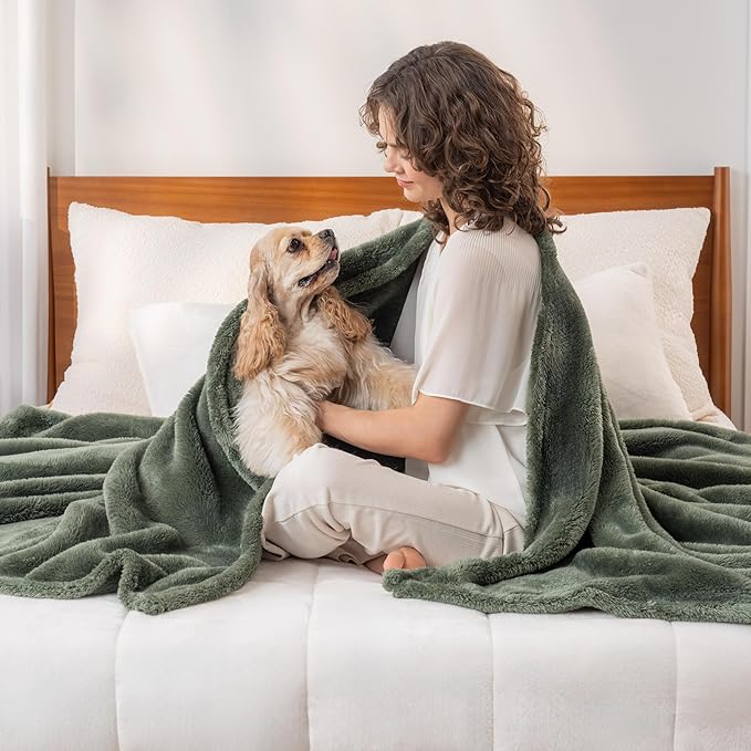 Berkshire Blanket Classic Extra-Fluffy Plush Blanket Queen Size, Soft Fuzzy Fluffy Long Hair Blanket for Couch Sofa Bed, Dark Sage Green, 90x90 Inches