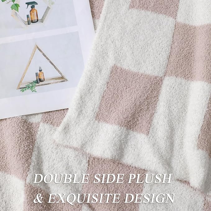 bearberry Fuzzy Checkerboard Grid Throw Blanket Knitted Soft Cozy Warm Microfiber Blanket Decor for Couch Sofa Bed Travel Home (Cream, 40''x50'')