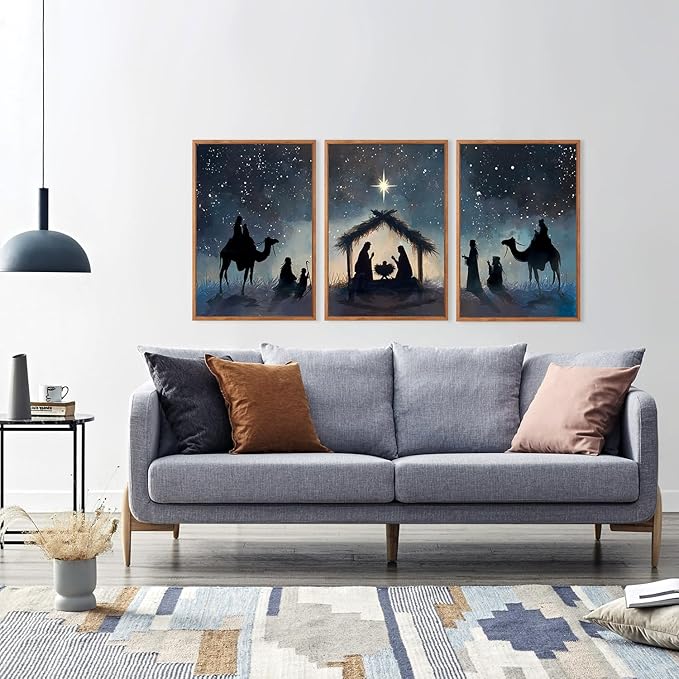 CHDITB Christian Nativity Framed Canvas Wall Art, Bible Joseph Mary And Baby Jesus Wall Decor,Birth of Jesus Scene Painting, Religious Biblical Art Prints For Prayer Room Bedroom 12”X16”x3