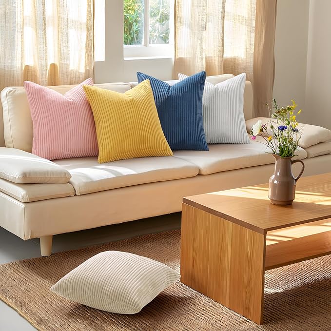 Mecatny Corduroy Decorative Throw Pillow Covers 20x20 Set of 2 for Sofa Living Room, Soft Neutral Boho Couch Pillow Covers for Home Decor, Cream White
