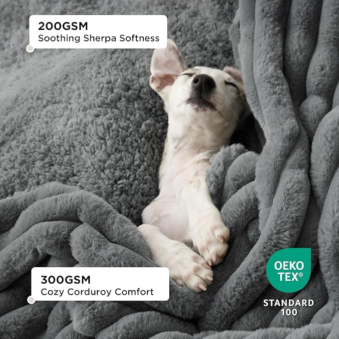 Bedsure ComfyFleece™ Waterproof Blanket for Bed - Soft Plush Dog Blankets for Large Dogs Corduroy Fleece Washable, Cozy Calming Reversible Furniture Protection for Pet Cat,86"x108", King, Warm Grey