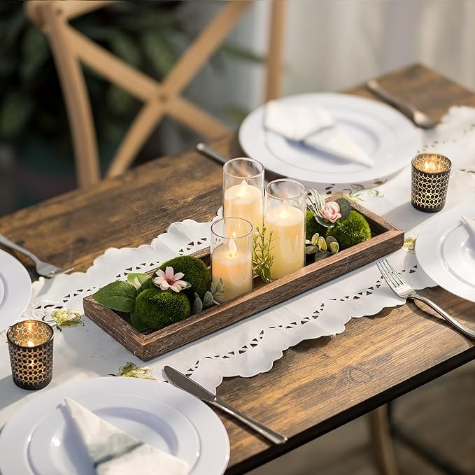 Romadedi Rustic Decorative Wood Candle Tray - 15" Wooden Long Narrow Tray Candle Holder, Farmhouse Small Trays for Coffee Table Centerpieces Dining Room Kitchen Countertop Home Decor, Brown