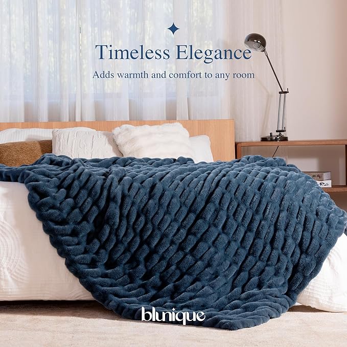 Faux Fur Blanket, Twin Size Oversized Throw Blanket for Couch, Fluffy Blanket with Stretch Ruched Design, Ultra Soft Giftable Home Decor, 60x80 inches, Blue