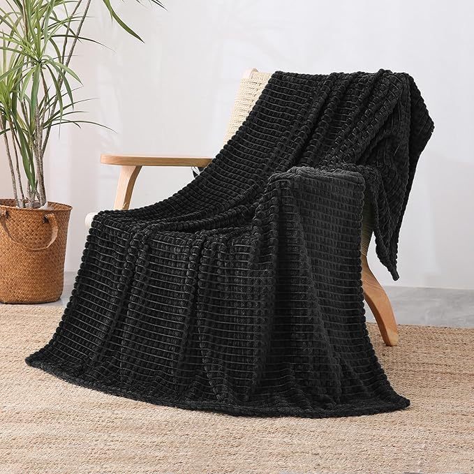 Puncuntex Flannel Fleece Throw Blanket Black 50"×60",Super Soft Plush Cozy Blanket with Square Grid Design Luxury for Couch Sofa Chair