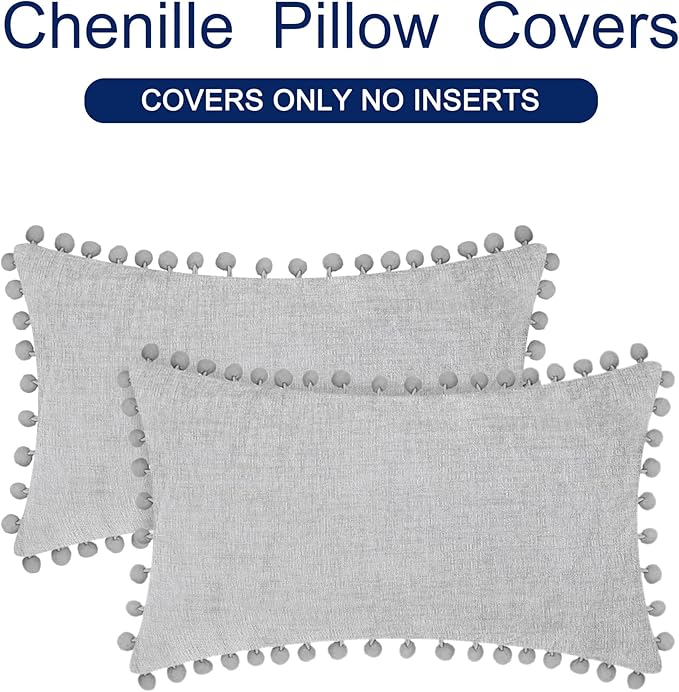 CaliTime Throw Pillow Covers Decorative 20 X 12 Inches Pack of 2 Cozy Solid Dyed Soft Chenille Cushion Cases with Pom Poms for Couch Sofa Bed Living Room Home Moonbeam Gray