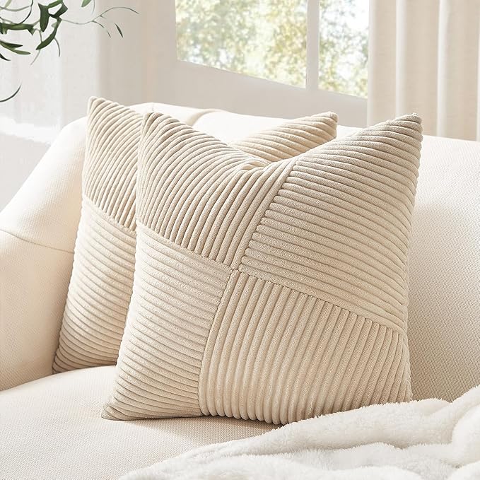 Topfinel Tan Decorative Throw Pillow Covers 16x16 Set of 2 Windmill Textured Striped Patchwork Pillow Covers Soft Corduroy Square Beige Cushion Cases for Couch Sofa Bed Farmhouse Boho Home Decor