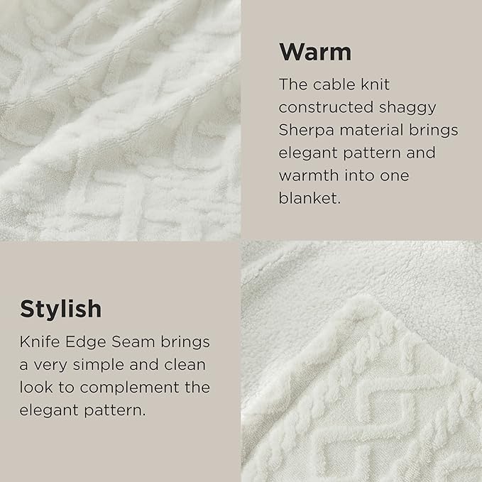 Bedsure Gentlesoft Sherpa Fleece Blanket Twin Size for Bed - Fluffy & Cozy Cable Jacquard Tufted for Women Gift, Thick and Warm Christmas Blanket for Winter, Cream, 60x80 Inches