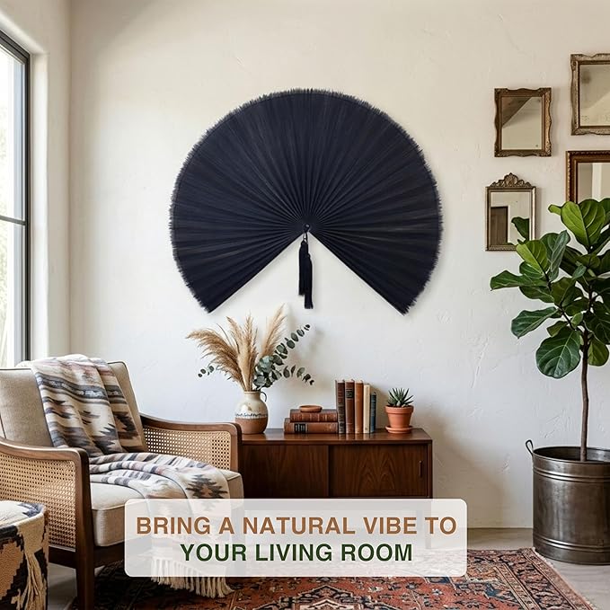 Chicvillage Bamboo Wall Fan Decor - 47” Handmade Woven Bamboo Wall Hanging Fan, Large Japanese Fan Wall Decor for Above Bed, Boho Natural Asian Wall Art, Lightweight & Easy to Hang (Black)