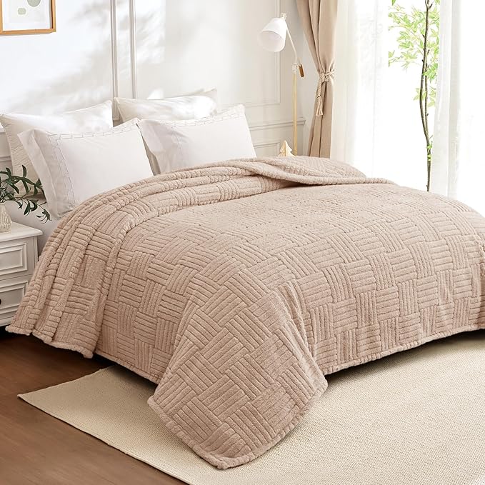 Whale Flotilla Lightweight Fleece Queen Size Blanket for Bed, Fuzzy Soft Blankets with Decorative Jacquard Pattern for All Season, Warm and Fluffy, 90x90 Inch, Camel