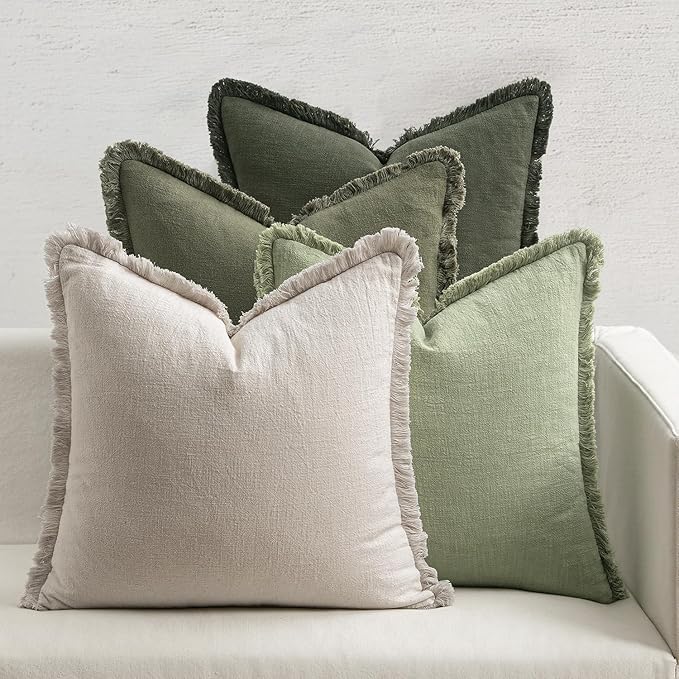 MIULEE Decorative Couch Pillow Covers Neutral Linen Fringe Throw Pillows Set of 4 Boho Farmhouse Soft Accent Cushions for Bed Sofa Living Room Spring Home Decor 24x24 Inch Beige/Sage Green