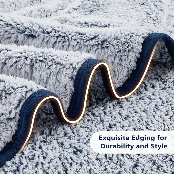 EMME Soft Sherpa Fleece Blanket Queen Size Reversible Plush Fluffy Large Blanket Warm Decorative Boho Cover for Sofa, Couch, Bedroom,Travel(Plush Navy,90"x90")