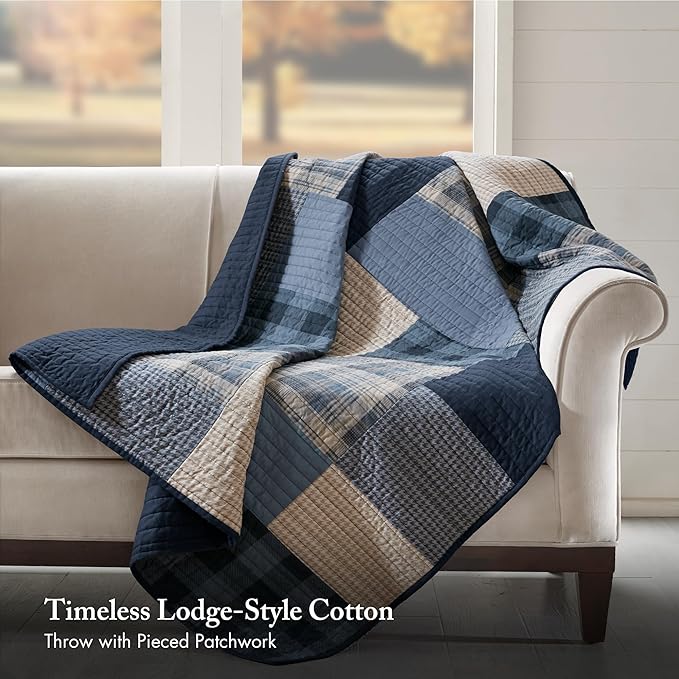 Woolrich Reversible 100% Cotton Throw Cabin Lifestyle Plaid Design - All Season, Breathable, Lightweight, Luxe Double Sided Quilting for Bed, Couch, and Sofa Winter Hills, Tan 50"x70"