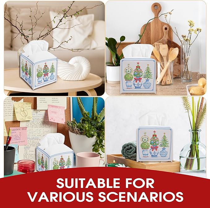 Christmas Trees Tissue Box Cover Square, Christmas Leather Tissue Box Cover Holder, Xmas Gift Ideas for Family Friends, Bathroom Kitchen Car Office Decor, Porcelain Print (5.2 Inches)-B03