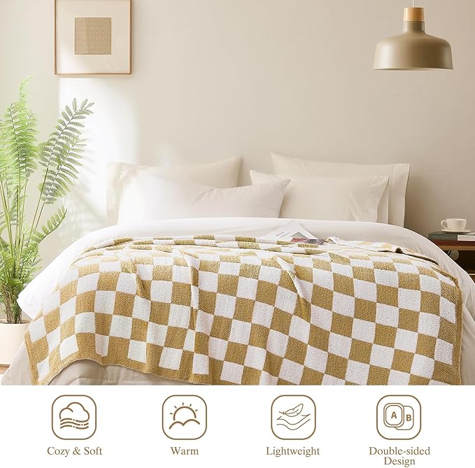 Checkered Throw Blanket, Khaki Soft Cozy Fluffy Knitted Throw Blankets for Couch, Sofa, Bed, Chair, Warm Fuzzy Travel Picnic Lightweight Plaid Blanket, 50x70 inches