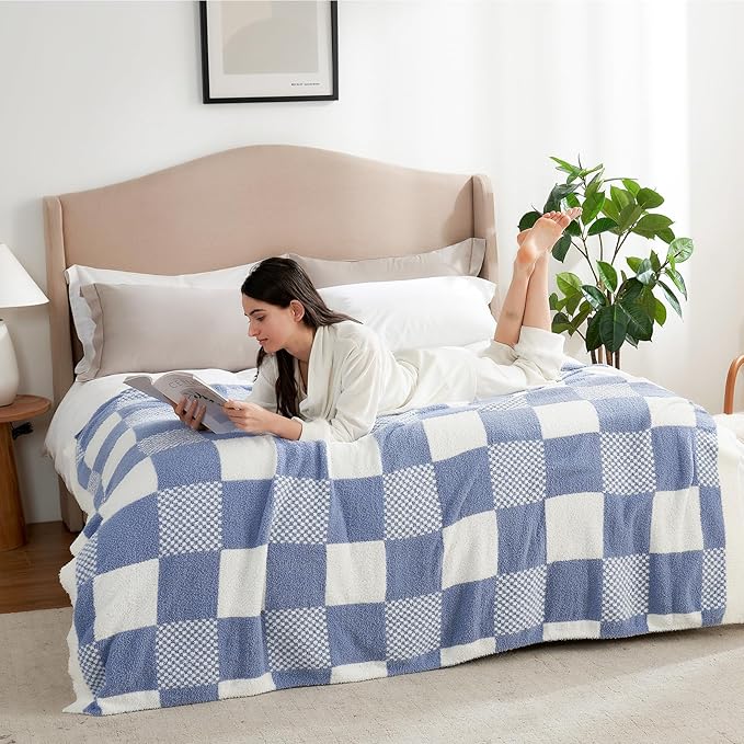 Snuggle Sac Checkered Blanket, Blue Throw Blanket for Couch Checker Microfiber Fluffy Warm Fuzzy Cozy Soft Throw Blanket Reversible Checkerered Blankets for Sofa, Chair, Bed, 60x80 inches