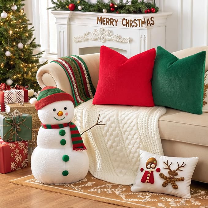 Pallene Faux Fur Plush Christmas Throw Pillow Covers 16x16 Set of 2, Soft Fluffy Couch Pillow Covers for Living Room, Red