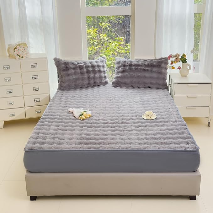 H&D Bedding Queen Sheet Set 3 Piece Bed Sheets for Queen Size Bed, Luxury Soft and Breathable Faux Fur, Includes 1 Comfy Bubble Sheet, and 2 Pillowcases