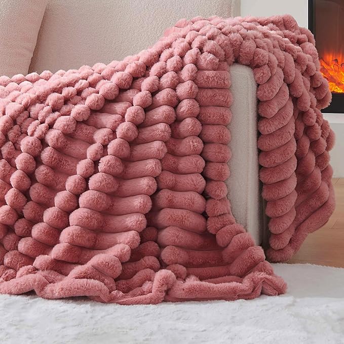 Lotus Karen Fluffy Faux Fur Throw Blanket for Couch Bed, Large 650GSM King Size Cozy Soft Warm Rabbit Fur Striped Pink Blanket for Women, Luxury Throw for Gift Home Decor (Pink, 104x90 Inch)