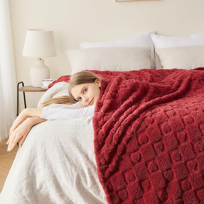 NEWCOSPLAY Super Soft Twin Blanket Red Premium Silky Flannel Fleece 3D Heart Checkered Lightweight Bed Blanket All Season Use (Red Heart, Twin(60"x80"))
