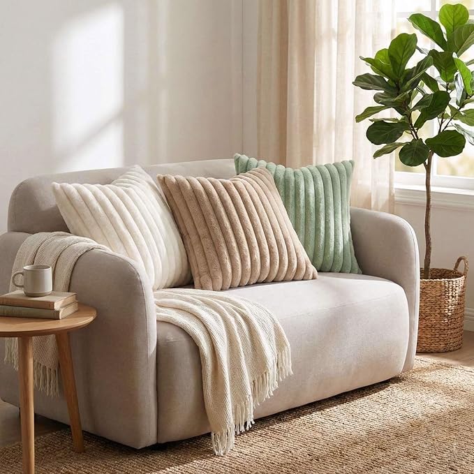 Pallene Faux Fur Plush Spring Throw Pillow Covers 26x26 Set of 2, Luxury Soft Fluffy Striped Decorative Pillow Covers for Sofa, Couch, Living Room, Sage Green