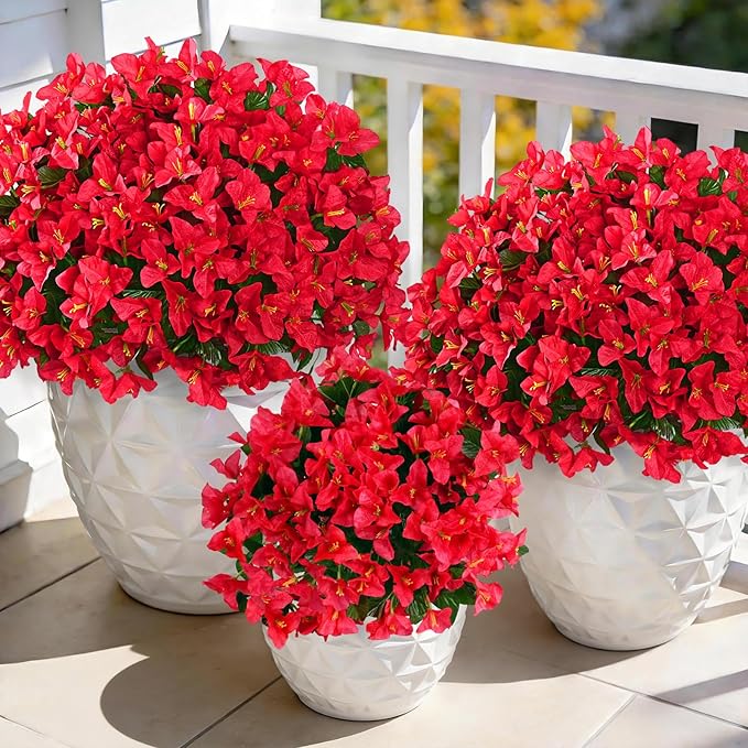 Yastouay 16 Bundles Artificial Flowers for Outdoors, Realistic Bougainvillea Fake Flowers for Outside, UV Resistant Silk Outdoor Faux Plants for Porch Patio Planter Front Door Garden Decor(Red)