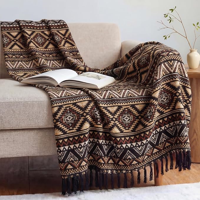 CASAAGUSTO Boho Throw Blanket - Brown Black Decorative Blankets with Tassel, Printed Flannel Bohemian Blanket for Chair, Bed, Sofa, Couch(60 * 80, Brown Black)