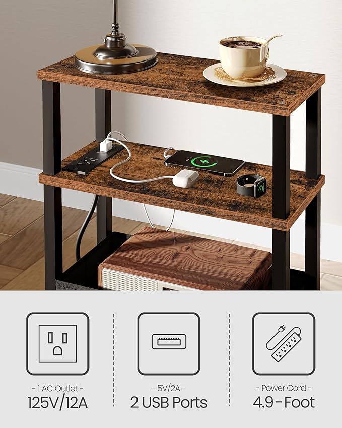 Set of 2 End Tables with Charging Station, Narrow Side Table for Small Spaces, Slim Nightstand with Basket, Skinny Bedside Table, for Living Room, Bedroom, Rustic Brown and Black TBZ07UP2BF