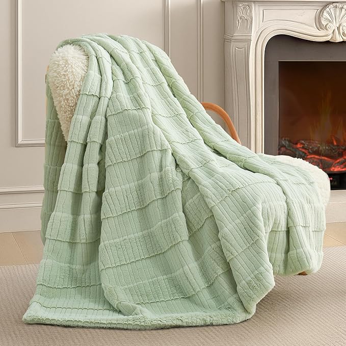 Amélie Home Luxury Striped Faux Fur Throw Blanket for Bed Queen Size, Soft Cozy Fuzzy Fluffy Plush Gift Blankets for Women, 88"x90", Sage Green