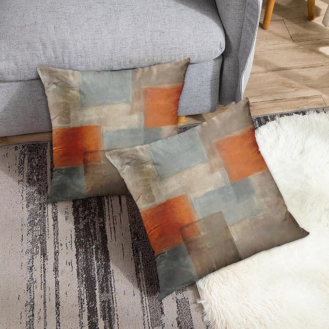 Britimes Throw Pillow Covers Modern Home Art Decor, 20 x 20 Inches Set of 2 Pillow Cases Decorative, Abstract Oil Painting Pillowcases for Bedroom, Living Room, Cushion Couch Sofa, Grey Burnt Orange