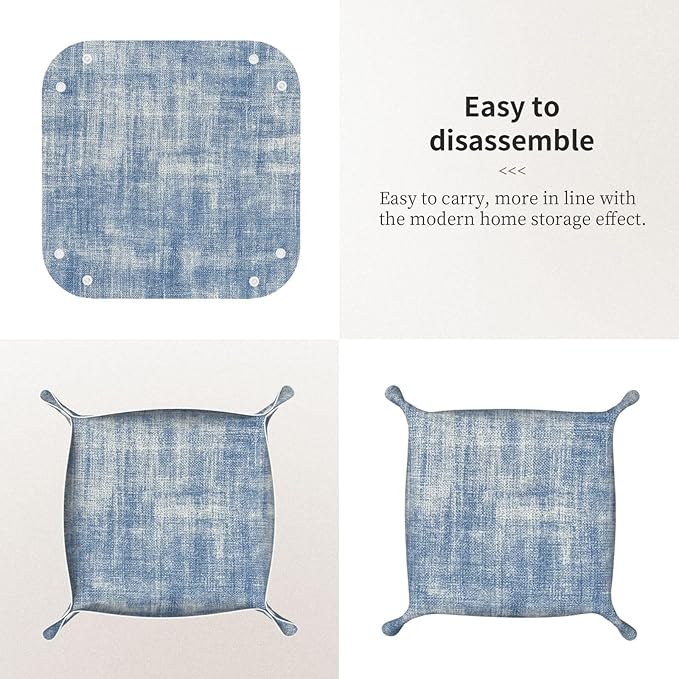 Washed Denim Fabric Texture Beige Blue Valet Tray Leather Desktop Storage Organizer Bedside for Jewelry Keys Coin Sundries