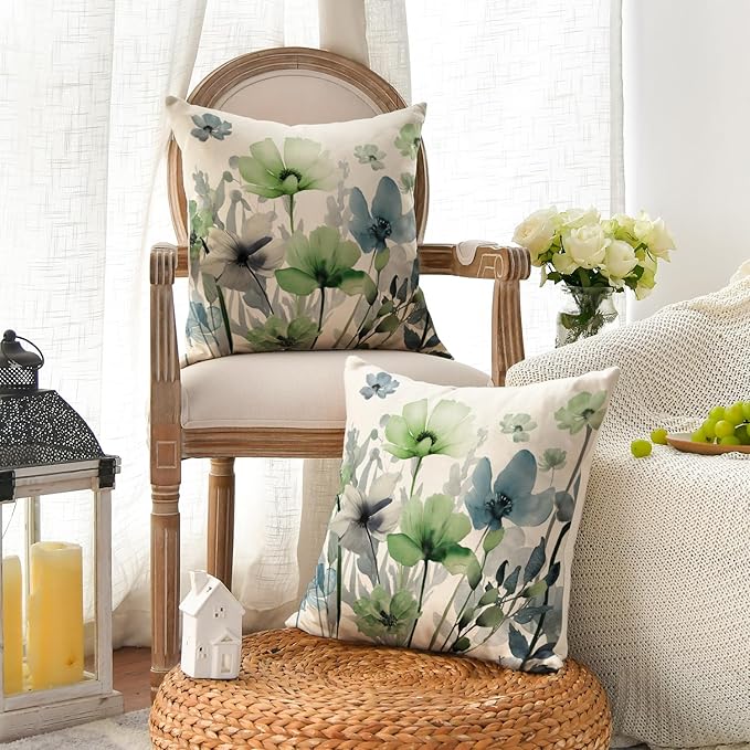 AVOIN colorlife Poppy Flowers Chinoiserie Throw Pillow Covers, 18 x 18 Inch Blue Sage Green Seasonal Leaves Cushion Case Decoration for Sofa Couch Set of 2