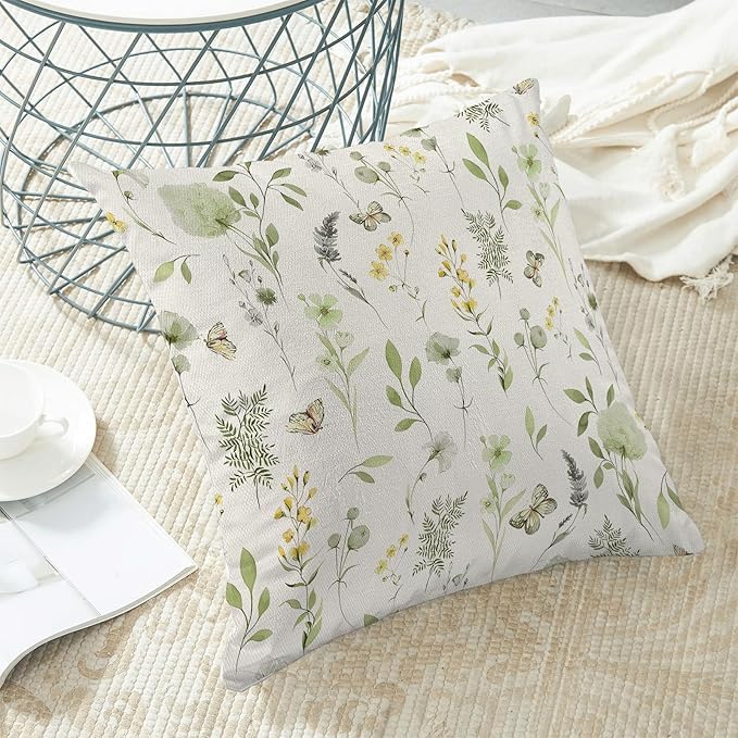 AEIOAE Spring Pillow Covers 20x20 Inch Set of 2, Sage Green Yellow Wild Flower Throw Pillows Case,Colorful Seasonal Floral Plant Outdoor Decorative Farmhouse Decor Cushion Covers for Sofa Bed Couch