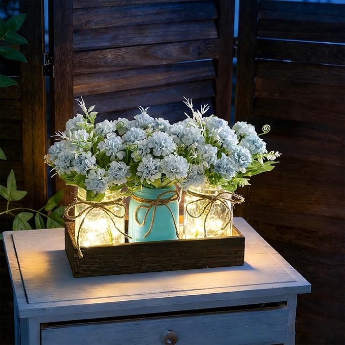 LUEUR Mason Jar Lights Centerpiece with Farmhouse Wood Tray – 3 Jars with Blue Hydrangea Spring Flowers, Rustic Spring & Wedding Decoration for Dining Table, Coffee Table, Kitchen & Living Room