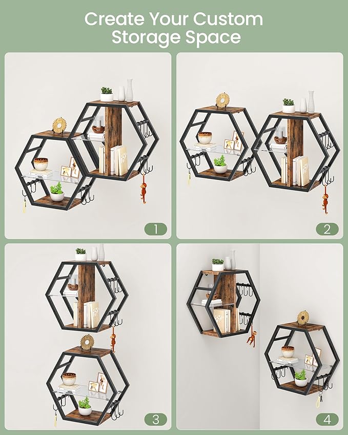 Hexagon Floating Shelves Set of 2, 18.9" Glass Hanging Shelves for Wall Decor, Wall Storage Rack and 12 S-Hooks, for Living Room, Bedroom, Office, Game Center, Rustic Brown TBJ08BF