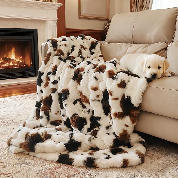 Cow Print Faux Fur Twin Blanket 60x80 – Ultra Soft 3D Bubble Rabbit Fur Throw Blanket for Bed, Couch, Sofa & Dorm, Fluffy Cow Print Throw for Women Men, Cozy Black Ombre Cow Blanket Gift for Bedroom