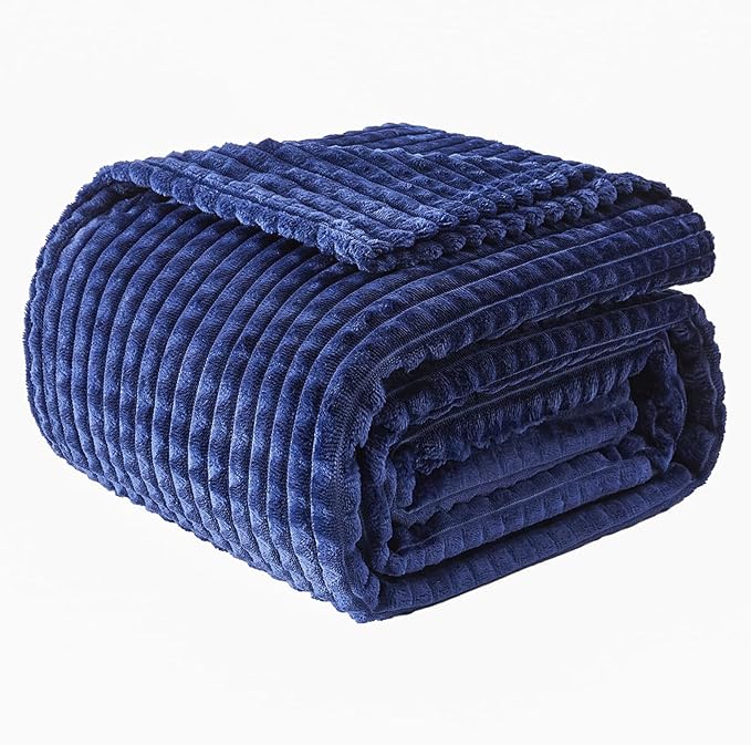 EMME Fleece Blanket, 3D Jacquard Throw Blanket for Couch and Bed, Soft Cozy and Fluffy Blankets Lightweight Luxury Flannel with Geometric Grid Design (Navy Blue, 80" x 90")